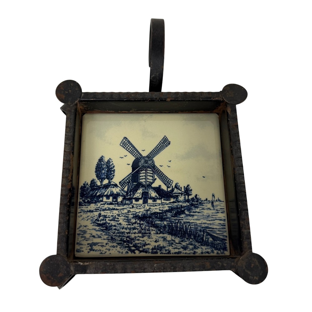 Vintage Delft Blue Hand Painted Windmill Tile Wrought Iron Footed Ashtray‎